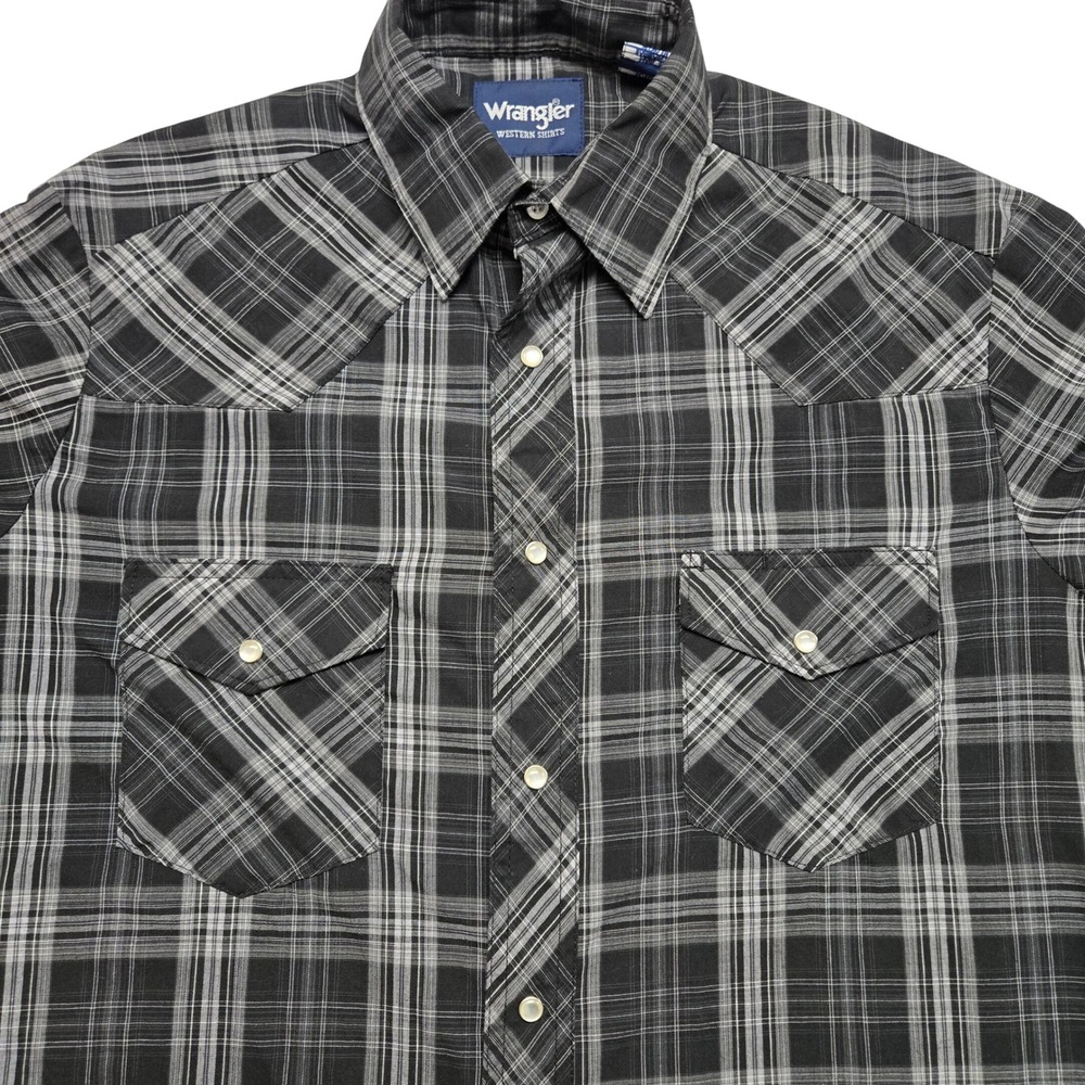 Wrangler Mens Western Plaid Pearl Snap Long Sleeve Shirt Black Grey Medium - Picture 4 of 13